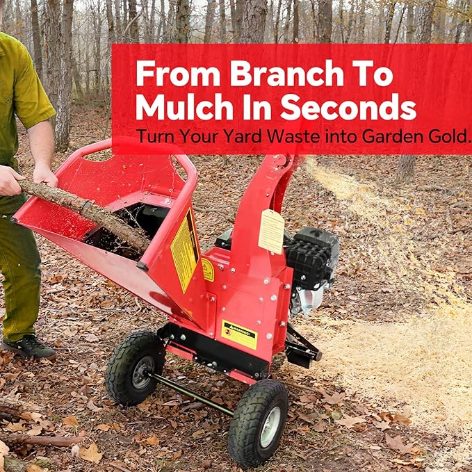 Wood Chipper Shredder Mulcher, 7 HP 212cc Gas-Powered Heavy Duty Engine, 3-Blade Disc Cutter, 10 Large Wheels for Easy Mobility, for Garden, Orchard, Courtyard, Farm