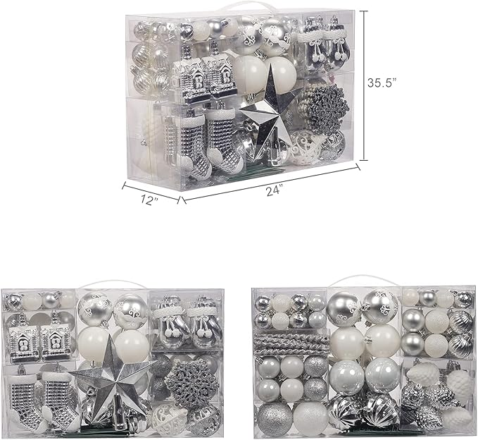 Christmas Tree Ornament Set - 132pcs Silver Ball Decoration, Shatterproof Hanging Ornaments, Large and Small Assortment for Holiday Party Decor