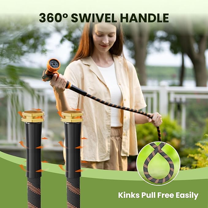 Giraffe Tools Non-Expandable Garden Hose 75FT 1/2¡± Lightweight Flexible Water Hoses Burst 600 psi with 9 Spray Function Nozzle Heavy Duty Hose