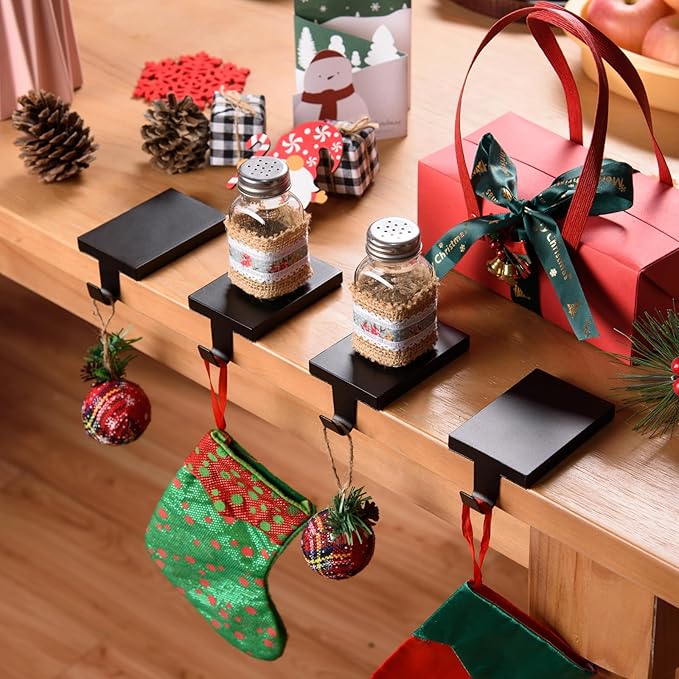 2 Pcs Christmas Stocking Holders Hanging Hooks Heavy Duty Mantel Stocking Holder Bases Weighted Metal Stocking Hangers for Shelf Fireplace Stair Xmas Party Decor (2, Black)