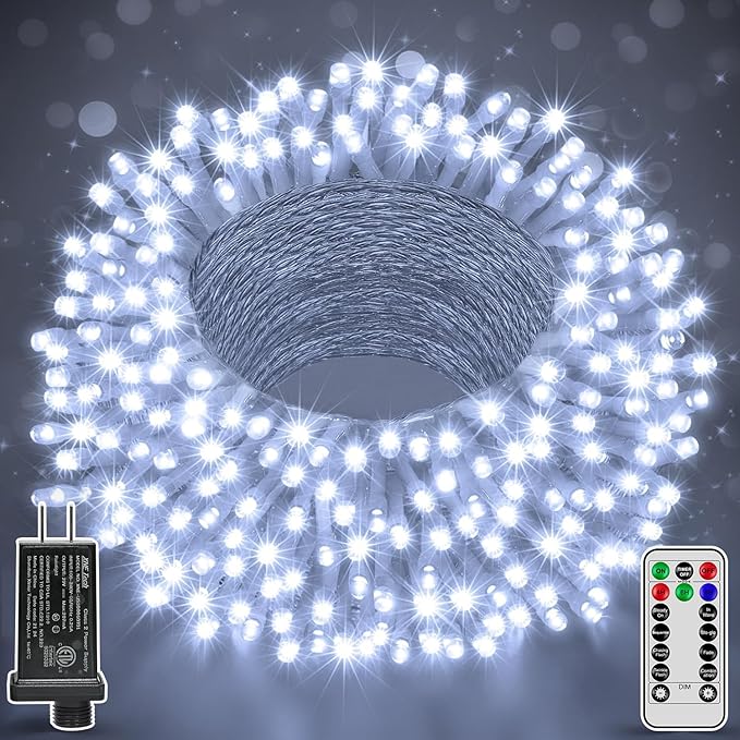 196FT 600 LED White Christmas Lights, Timer & Memory Function, 8 Modes Christmas String Lights Plug in Fairy Lights for Xmas Tree Holiday Garden Party Decor
