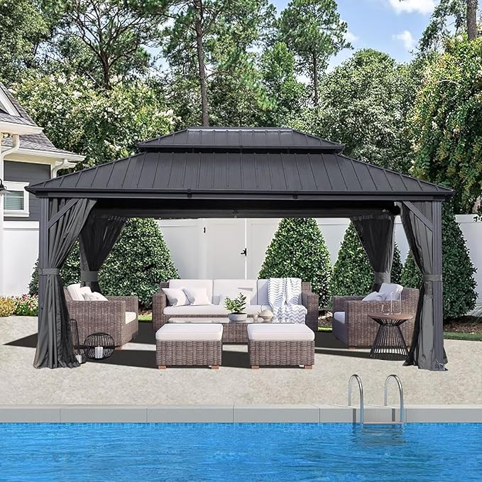 Domi 10’ X 14’ Hardtop Gazebo Canopy with Netting & Curtains, Outdoor Metal Gazebo with Galvanized Steel Double Roof for Patio Lawn and Garden, Gray