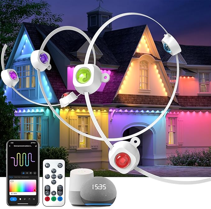 deerdance Permanent Outdoor Lights for House 100ft Smart ICRGB Outside Light Eaves Lights for Christmas All Holiday Decorations Trim Light Year Round String Light Work with Alexa, Google (100ft)