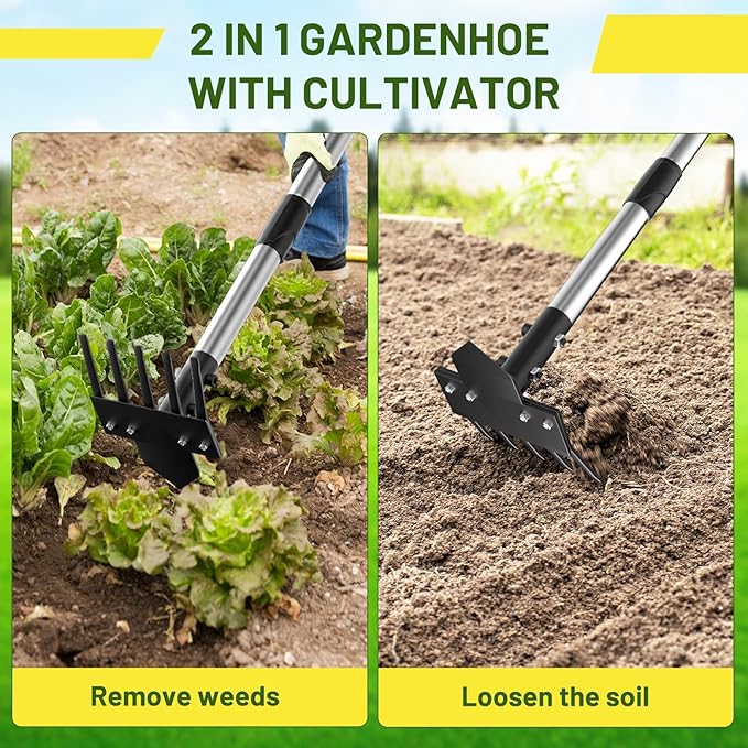 2-in-1 Heavy-Duty Weed Puller Tool with 5-Tine Rake ? 30 to 60 Adjustable Handle, Hoes for Gardening, Hoe Garden Tools for Loosening Soil, Planting, Weeding