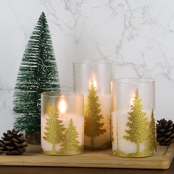 Wondise Glass Flickering Flameless Candles with Remote and Timer, Battery Operated 3D Wick LED Candles Christmas Tree for Christmas Holiday Home Decoration, Set of 3(D3 x H4,5,6 Inch)