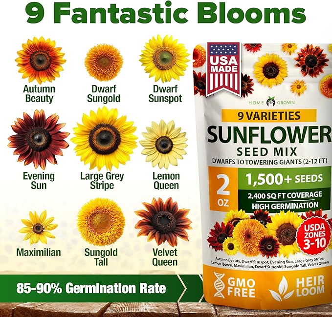 HOME GROWN Sunflower Seeds Mix Pack 1,500+ 9 Colorful Varieties of Sun Flower Seeds to Plant - 2-10ft Tall Plants, Pollinator Friendly 𝗡𝗢𝗡-𝗚𝗠𝗢 𝗨𝗦𝗔 – Easy to Grow, High Germination