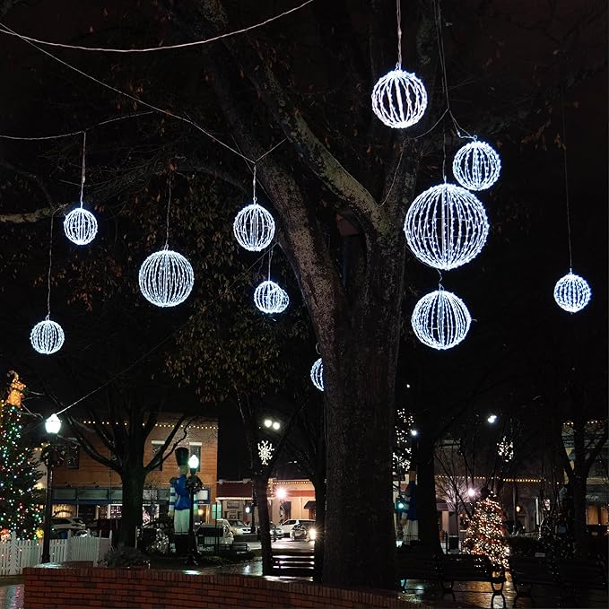 Wintergreen Lighting LED Light Ball – Indoor/Outdoor Christmas Light Balls, Light Spheres Outdoor/Sphere Light Fold Flat Metal Frame (16, White Frame/Cool White Lights)