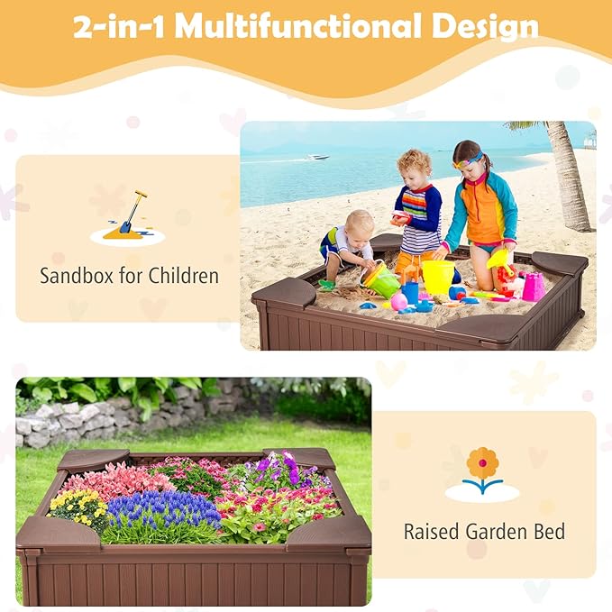 HONEY JOY 12.5 Kids Sandbox with Cover, 48 x 48 Inch Large HDPE Pit for Backyard, 4 Corner Seats & Bottom Liner, Sand Protection, All Weather Resistant Sand Boxes for Kids Outdoor (Coffee)