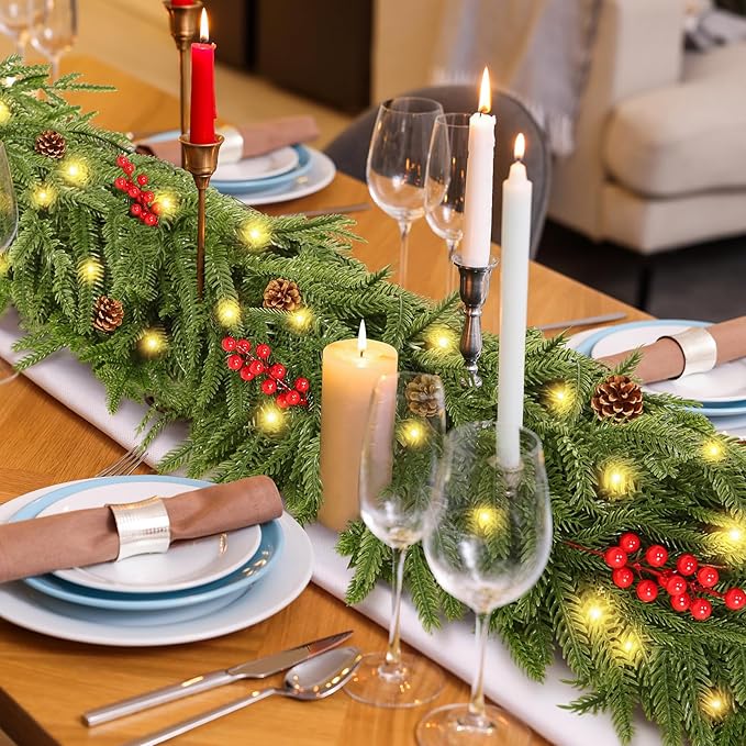 12FT Artificial Norfolk Pine Garlands - Real Touch Winter Pine Garland, Green Artificial Greenery Garland for Mantle, Table, Wall, Indoor & Outdoor Fireplace Christmas Decorations