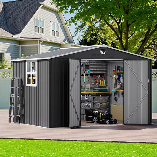 10x8 FT Outdoor Storage Shed, Metal Garden Shed - Tool Storage Sheds with Lockable Doors & 1 Clear Window, Waterproof Outside Storage Building for Backyard, Patio (Black; Floor Not Included)