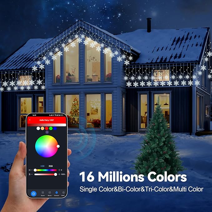 Smart Christmas Snowflake Icicle Lights, 16.4FT 192 LED 16 Drops, APP Remote Control Plug in 16 Million Colors, Curtain Lights Connectable, Xmas Decorations with Timer & Music Sync for Indoor Outdoor