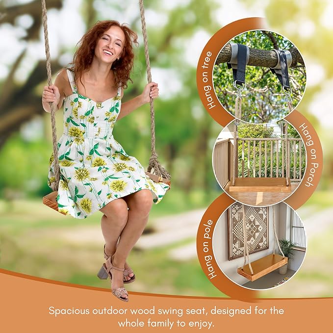 Outdoor Wood Hanging Seat, 22" x 8" x 2" Cedar Wooden Tree Swing for Adults & Kids, 440+ lb Capacity, Adjustable 5-7 ft Rope, Classic Heavy Duty Tree Swing for Backyard & Porch
