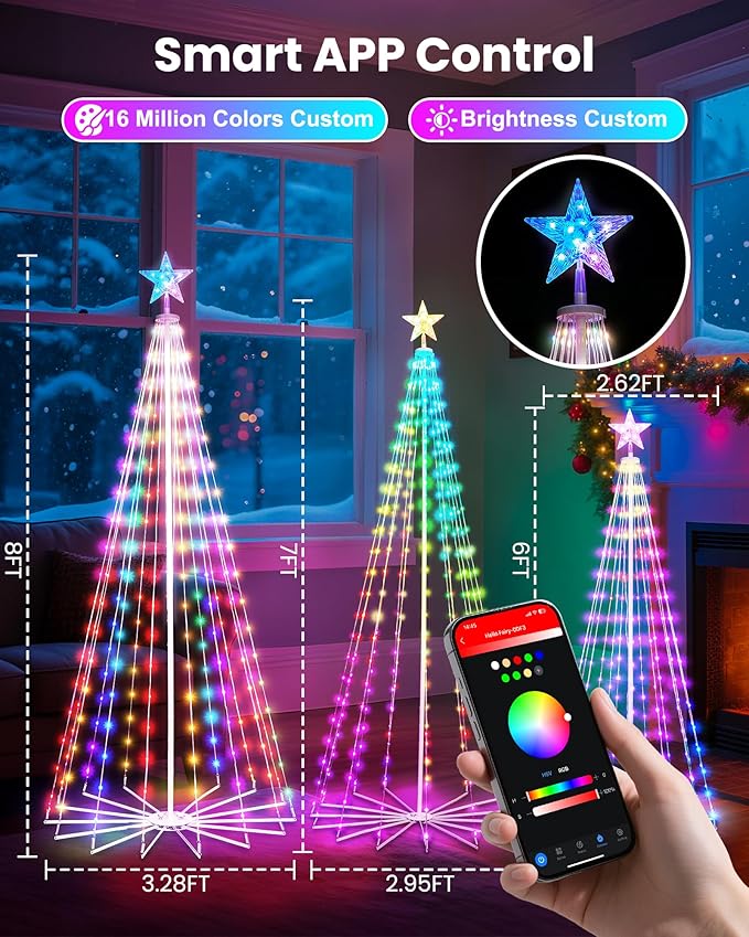 Smart Christmas Cone Tree LED Light, 6/7/8ft 900 LED Music Sync with Remote APP and Local Control, Pattern and Text Displayable, 16 Million Colors Light Show Tree for Indoor Outdoor Decorations