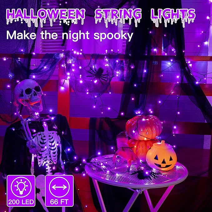 66FT 200 LED Halloween Lights, Purple Halloween Lights Outdoor with 8 Lighting Modes, Waterproof String Lights for Halloween Christmas Outdoor Party Yard Garden Decoration