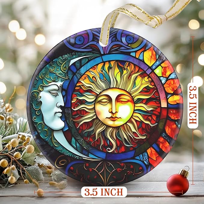 Christmas Ornaments, 3.5 Inch Ceramic Sun and Moon Hanging Ornament, Christmas Tree Ornaments, Gifts for Friend, Xmas Gifts, Unique Gift Idea, Perfect for Holiday Party, Tree, Window, Wall Decor