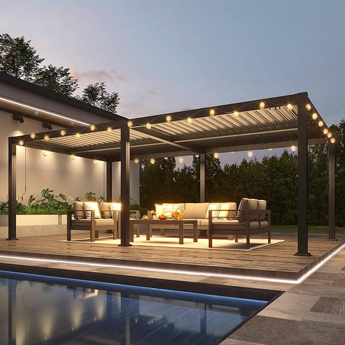 Louvered Pergola, 12' x 20' Outdoor Pergola, Metal Patio Gazebo with Adjustable Louvers Roof and Gutter System, Metal Hardtop Gazebo for Patio, Backyard, Deck, Garden, Dark Gray