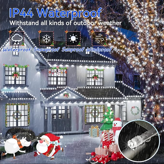 Hezbjiti 2 Pack 1000 LED 403 FT Christmas String Lights Outdoor, 8 Lighting Modes IP44 Waterproof Fairy Lights with Timer and Dimmable Function for Party Tree Decorations Cold White, Clear Wire