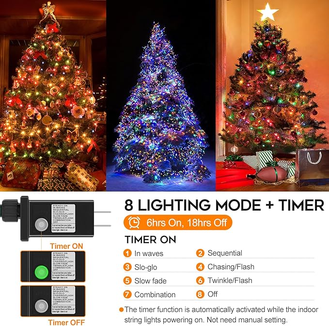 66ft 200 LED Christmas Lights - Outdoor & Indoor, Plug-in with Timer & Memory, 8 Modes Twinkle Xmas String Lights for Tree, Wreath & Party Decor, Multicolor