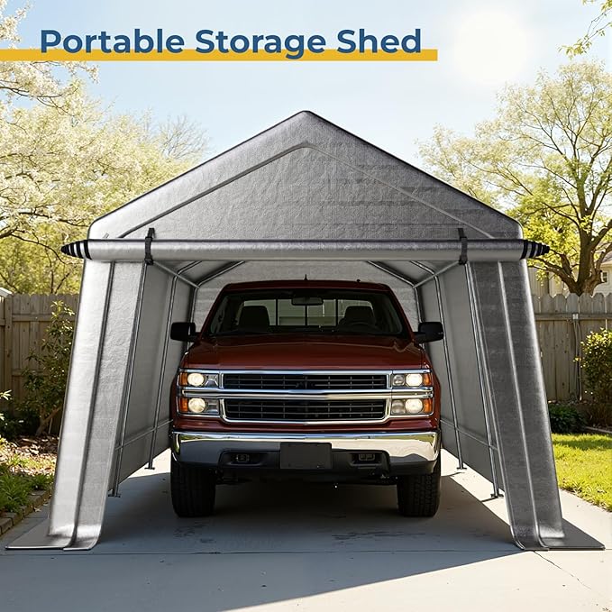 10 x 15 FT Carport, Portable Shed w/220G Heavy Duty Waterproof PE Tarp, Roll-up Zipper Door & Vent, Weather-Resistant Storage Shed for Motorcycle, Bike, ATV and Tools, Gray