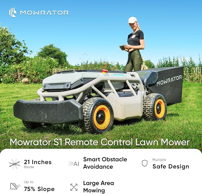 Remote Control Lawn Mower S1 4WD 56V18Ah, Multi-Functions RC Lawn Mower with 1.5-4.3 Inch Cutting Height 21 Inch Real Blade for 75% Slope(37°) with Mowing 1.12 Acres