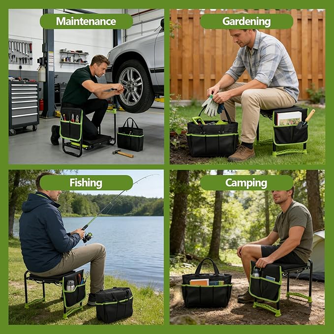 Garden Kneeler and Seat, Heavy Duty Gardening Stool with 1.8 Thick Detachable Kneeling Pad, Foldable Bench Chair with Tool Pouch and Bag for Knee & Back Pain Relief for Women, Men, Seniors (Green)