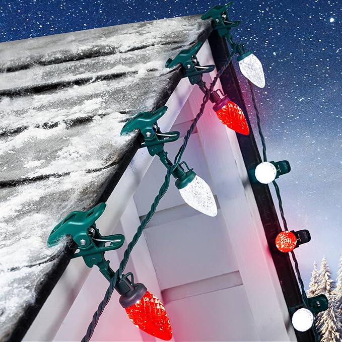 C9 LED Christmas Lights Outdoor, 68 Feet 100 LED Strawberry String Lights With 100 Spring Clamps, Waterproof Commercial Grade Extendable for Outside Roofline Patio Home Xmas Decoration, Red & White