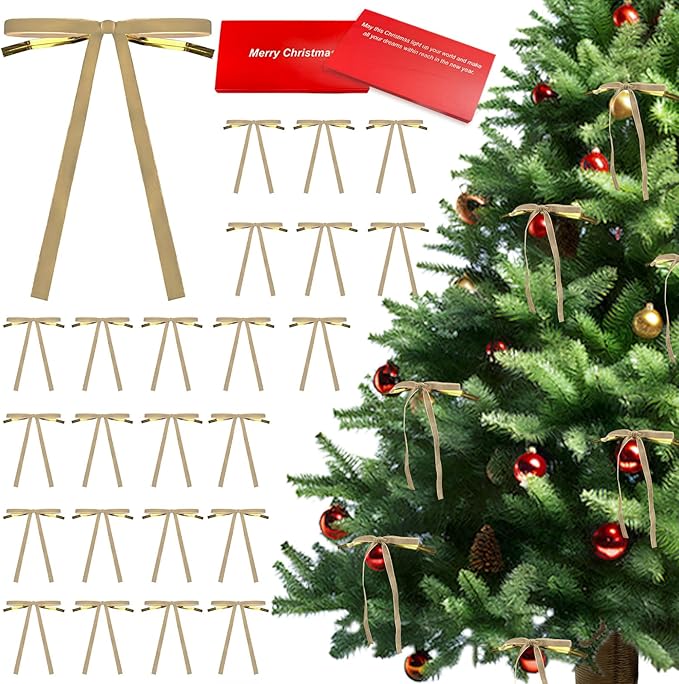 24 Pcs Velvet Bows for Christmas Tree Ribbon Bows for Home Tree Garland Wreath Indoor Rustic Crafts Gift Xmas Decorations Holiday Wedding Outdoor (Khaki)