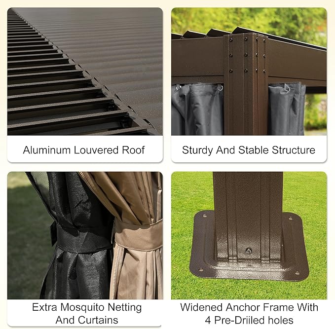 Domi 12x20FT Louvered Pergola, Full Aluminum Pergola with Adjustable Louvered Roof, Outdoor Pergola with Waterproof Curtains and Netting, Dark Brown