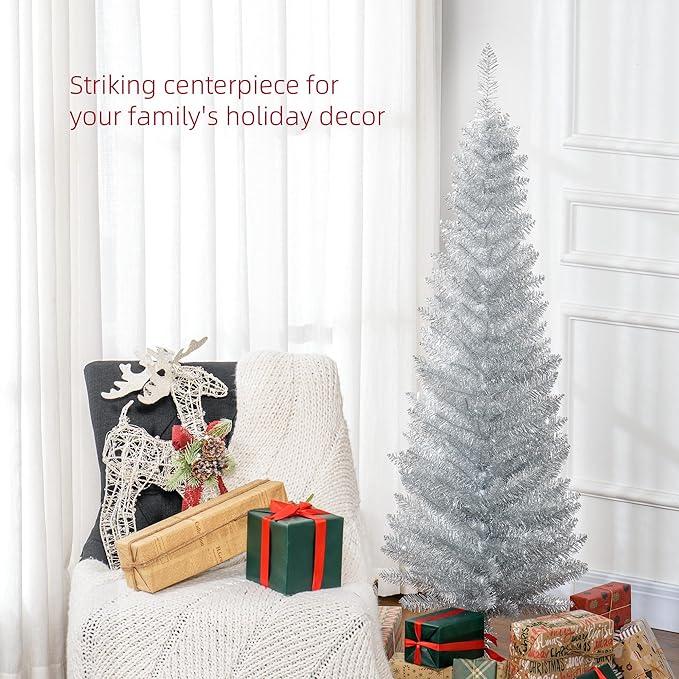 HOMCOM 5' Artificial Pencil Christmas Tree, Slim Xmas Tree with 294 Realistic Branch Tips and Plastic Stand, Silver