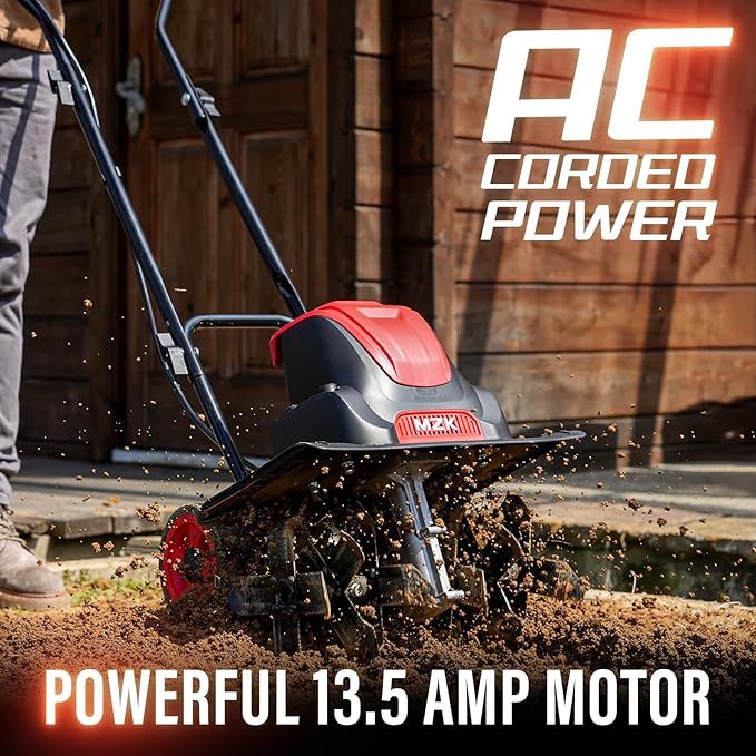 MZK 16-Inch 13.5-Amp Corded Electric Tiller/Cultivator, 8-inch tillling Depth with Adjustable Wheels, Foldable Electric Rototiller for Lawn/Yard/Garden Soil Digging,TC16A08