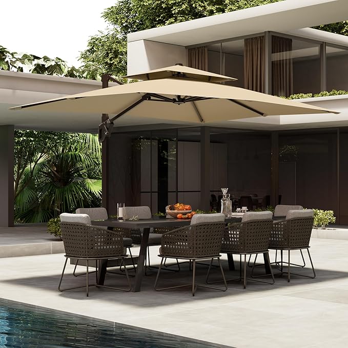 10' X 13' Patio Umbrella with Base Included Outdoor Large Rectangle Offset Cantilever Umbrellas Double Top Heavy Duty Windproof with 360-degree Rotation for Pool Garden Deck, Beige