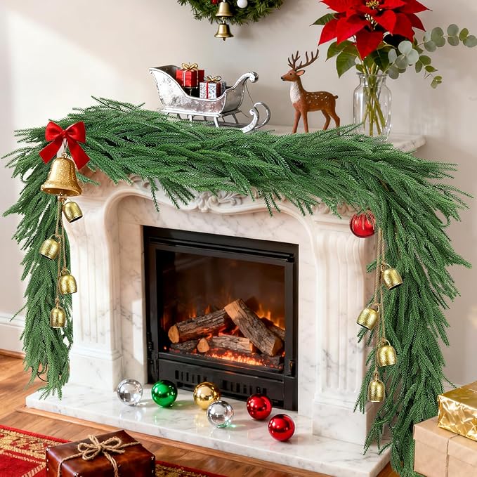 12FT（2 * 6FT）Norfolk Pine Garlands, Christmas Cedar Garland, Real Touch Faux Green Garlands, Winter Artificial Greenery Garland for Mantle, Stairs, Table, Fireplace, Indoor & Outdoor Xmas Decorations