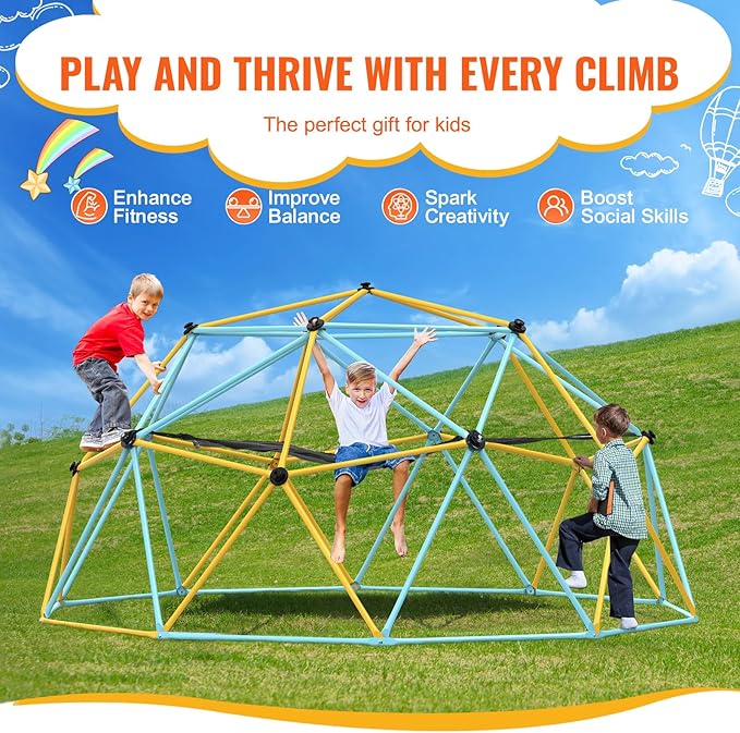 VEVOR Climbing Dome, 10FT Jungle Gym with Hammock and Swing, Geometric Dome Climber Supports 750LBS and Easy Assembly for Kids 3 to 10 Years Old, with Climbing Grip, Outdoor Backyard Play Equipment