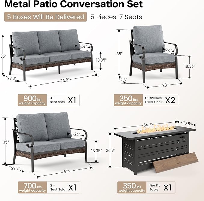 5 Piece Metal Outdoor Patio Furniture Sets with Firepit Table, Patio Conversation Sets 1 3-Seater Sofa, 1 2-Seater Loveseat, 2 Single Sofa with 5.75" Cushion for Backyard Deck, Gray