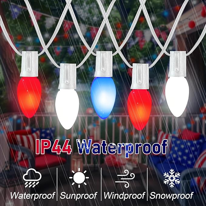 Red White and Blue String Lights,25FT Waterproof LED Fourth of July Lights with 28 C7 LED Bulbs(3 Spare),Patriotic String Lights for Inauguration Decorations Independence Day Party Hoilday Decor