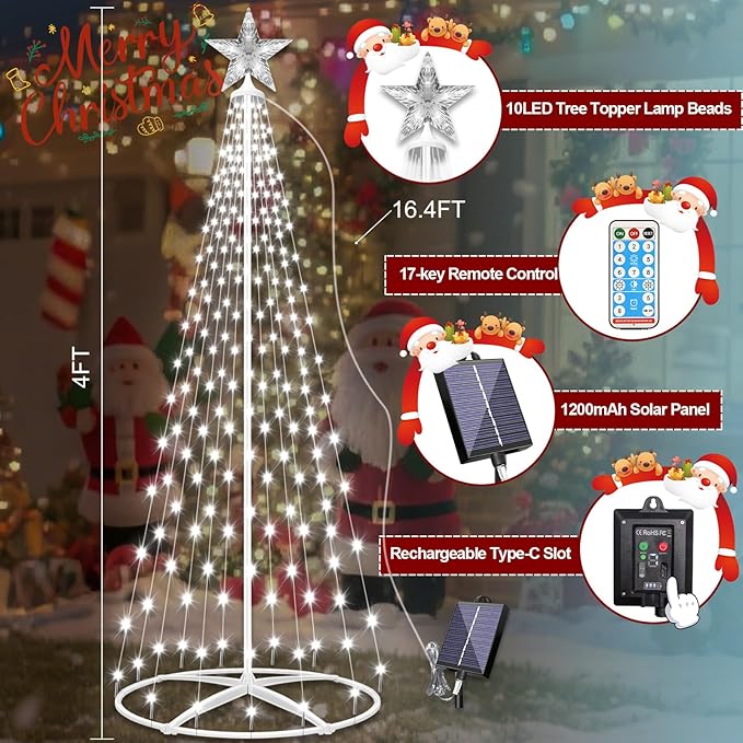 Forlivese 202LED Outdoor Solar Christmas Tree Lights, 5FT Lighted Artificial Cone Tree with Remote, 8 Modes, USB Charge, Timer & Waterproof Christmas Tree Decor for Garden Yard Patio, Cold White