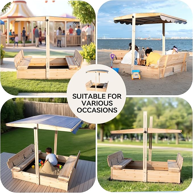 Wooden Sandbox with Lid & Canopy Cover, 48x48 Large Outdoor Sand Box for Kids Ages 4-8, with Foldable Bench Seats, UV-Resistant & Adjustable Height Roof & Bottom Liner