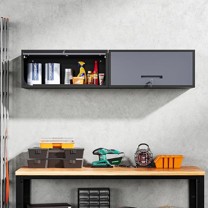 Yizosh Metal Garage Wall Cabinet with Doors, Wall Mounted Metal Storage Cabinet, Floating Garage Tool Cabinet for Garage, Basement, Kitchen, Warehouse (Black Gray, 13.7 H)