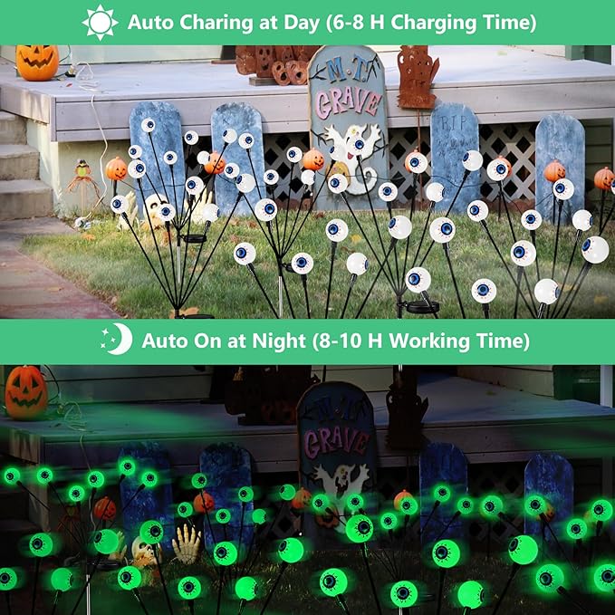 YIQU 2 Pack Halloween Outdoor Decorations Solar Eyeball Lights, 12 LED Green Eyeball Swaying Firefly Light with 2 Lighting Modes, Halloween Decor Waterproof for Patio Yard Lawn Graveyard Props