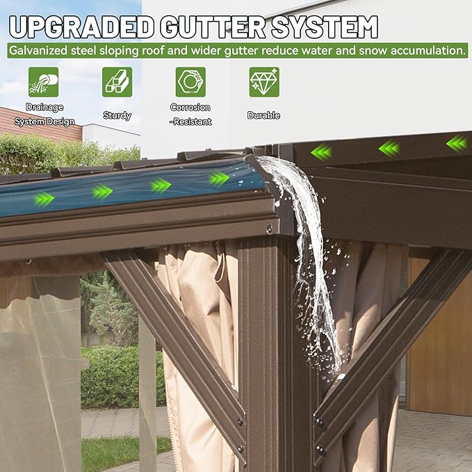 10x14FT Lean to Gazebo, Outdoor Hardtop Wall Mounted Gazebo with Gutter & Sloping Galvanized Steel Roof, Metal Frame Mount Gazebos with Netting & Curtain for Deck, Porch, Backyard