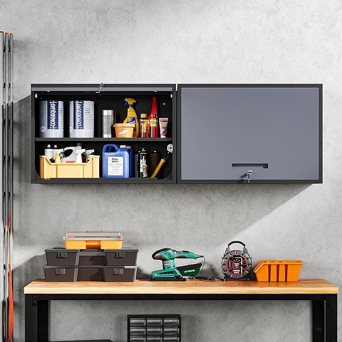 Yizosh Metal Wall Cabinet with Doors and Shelves, Wall Mounted Storage Cabinet for Garage, Basement, Kitchen, Warehouse (Black Gray, 21.6 H)