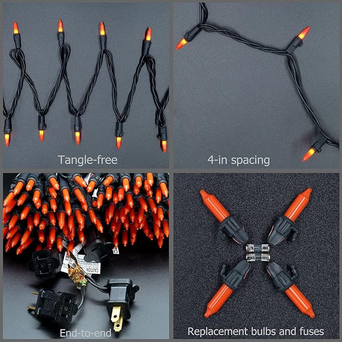 YULETIME 200 Orange String Lights with Black Wire, Pack of 2 Sets 33 ft 100 Count UL Certified Christmas String Lights for Halloween Fall Holidays (Orange)