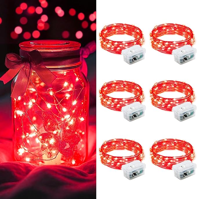 AIKEI 6 Pack LED Fairy Lights Battery Operated, Mini String Lights Waterproof 7ft 20 Led Firefly Starry Lights for Wedding Party Bedroom Garden Christmas Decoration Red