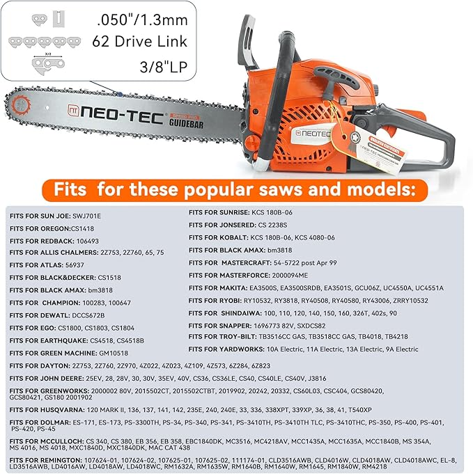 NEO-TEC 18 Inch Chainsaw Chain 3 Pack - S62-0.050" Gauge, 3/8"LP Pitch, 62 Drive Links Fit for Poulan, Kobalt, Echo, Ego, Greenworks Chainsaw and More