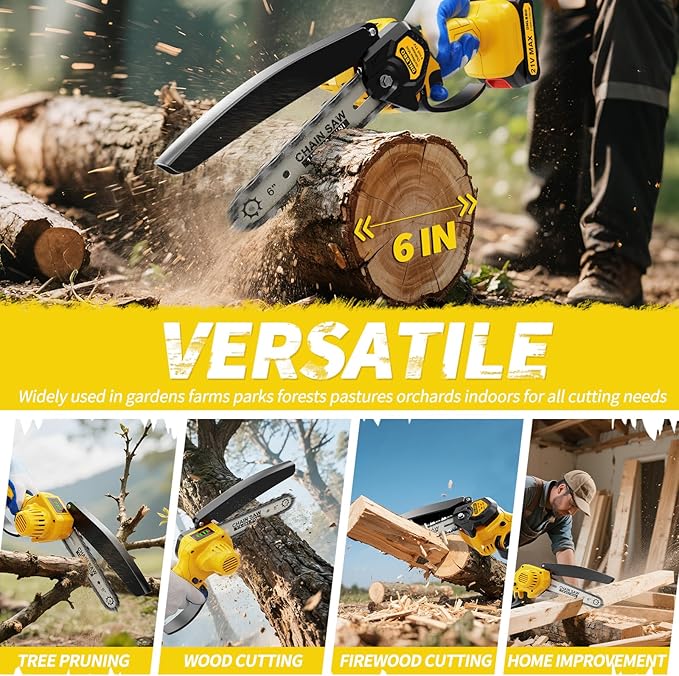 Mini Chainsaw Cordless, 6 Inch Chain Saw Cordless, 700W Powerful Electric Handheld Chainsaw With power display, with 2 Batteries and 3 Chains, Tree Trimmer Gardening Tools Gift for Men, Father, Dad
