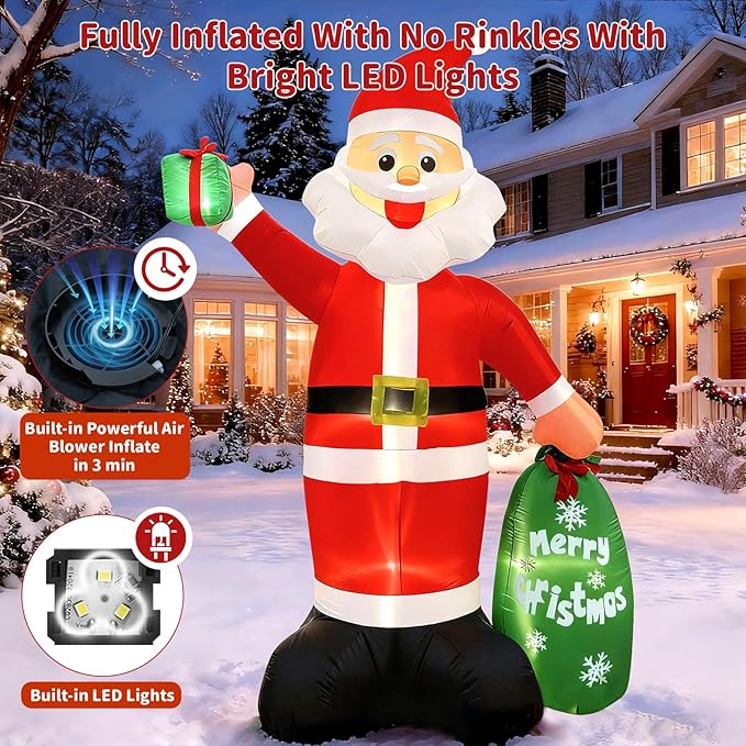 12FT Giant Christmas Inflatable Santa Claus with LED Lights and Gift Bag, Outdoor Blow Up Decorations for Yard, Indoor Holiday Party, Built-in Lights, Weatherproof, Includes Stakes & Sandbags