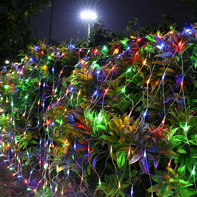 Joomer Christmas Net Lights - 12FT x 5FT 360 LED Plug-in Mesh Lights, Waterproof with 8 Modes, Timer, Connectable for Bushes, Trees, Garden, Outdoor Christmas Decor (Clear Wire, Multicolor)