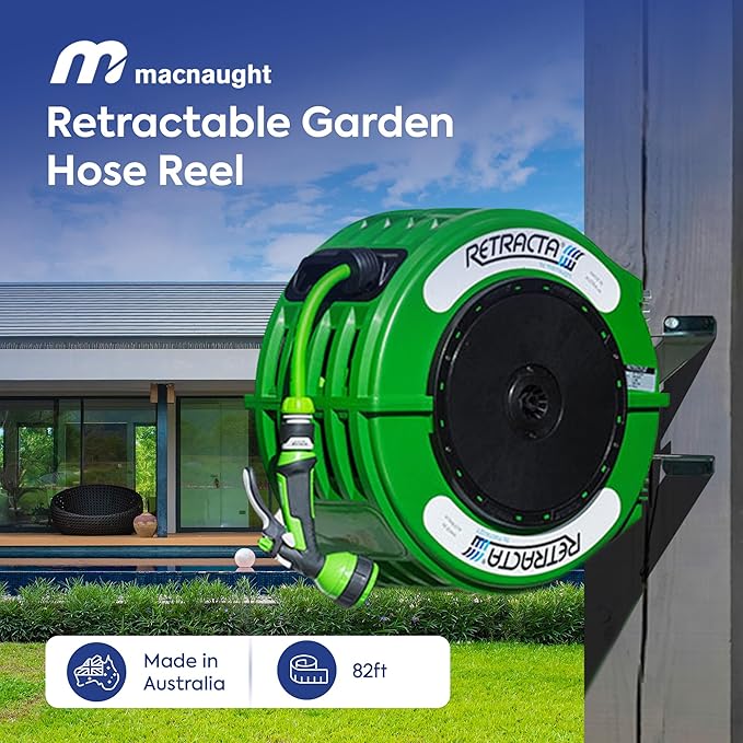 Macnaught Retractable Garden Hose Reel, 82 Ft Water Hose Reel Heavy Duty Retractable Hose with Metal 180¡Æ Swivel Rotation Bracket for Wall Mount - Green