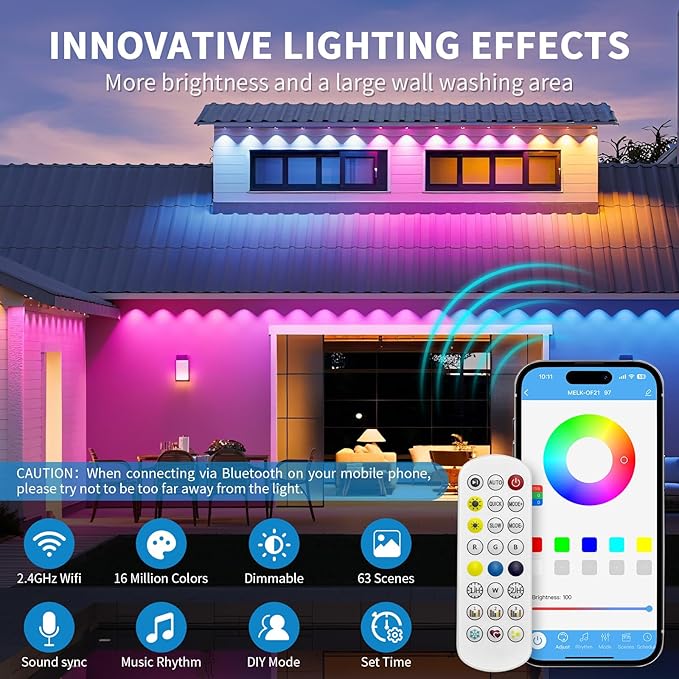 Permanent Outdoor Lights for House, 100ft RGB+IC House Eave Lights, 50 Scene Modes, App/Remote Control, IP68 Waterproof, Smart Outdoor Light for Christmas, Halloween, Party Decor, House Roof Lighting