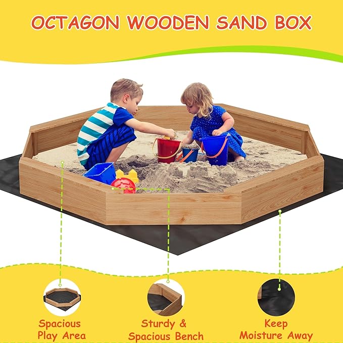 Octagonal Cedar Kids Sandbox with Bench Seats, Protective Cover & Liner ? Outdoor Wooden Sandpit for Backyard Play